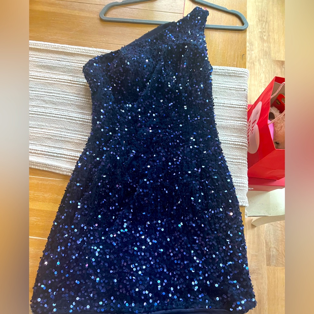 One shoulder blue sequin homecoming formal dress